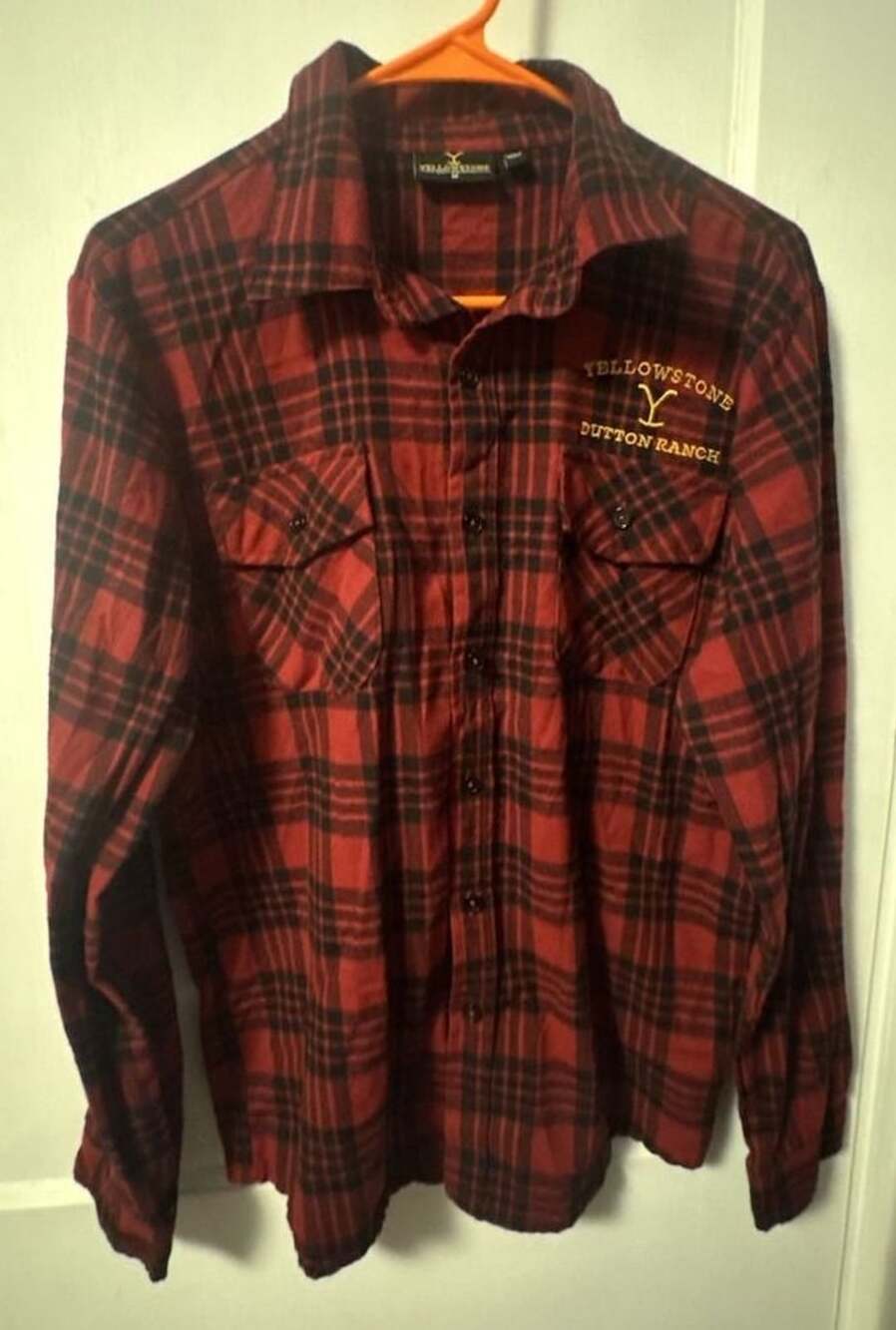 Yellowstone Dutton Ranch Men's Red and Black Plaid Flannel Button-Up Shirt